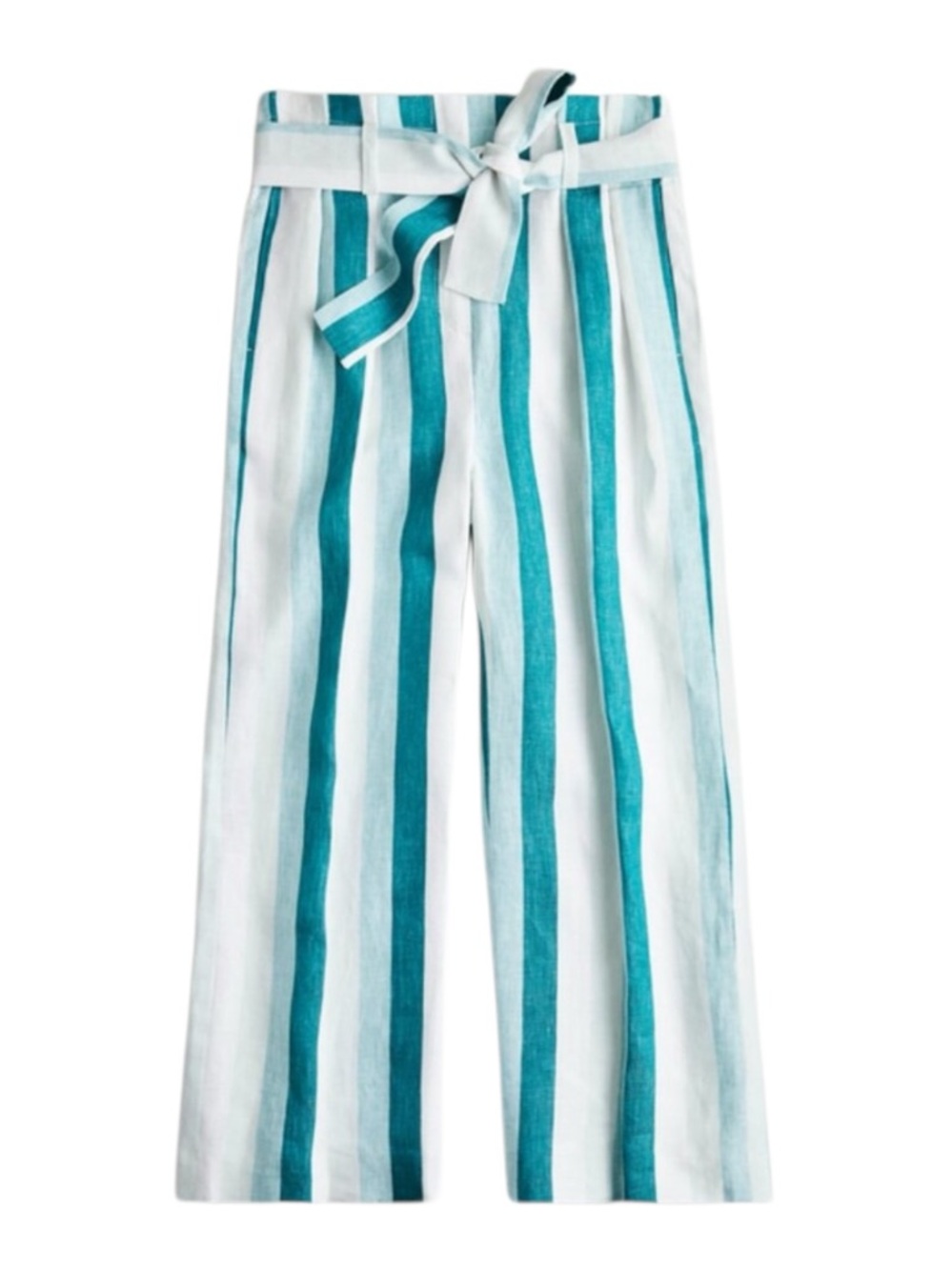 J.Crew Linen Stripe Crop Pants Tie Waist Wide Leg Teal White 12 - Picture 2 of 8